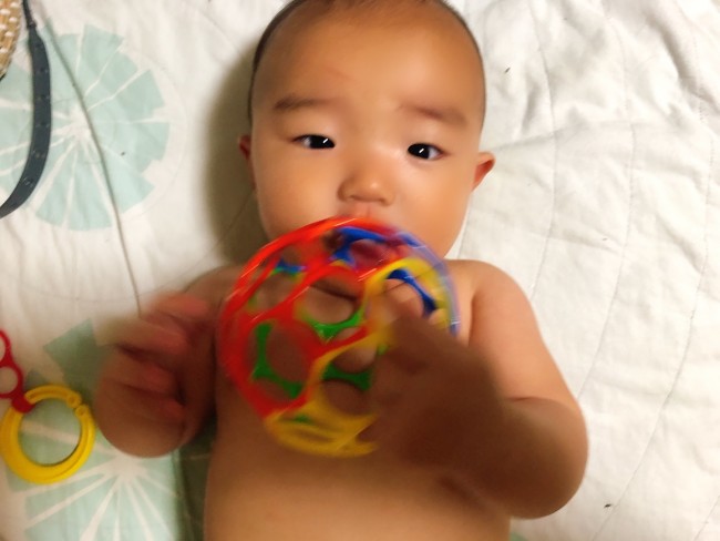 オムツ替えのときにも「ちょっと持っていて〜」と渡すとお利口さんにしてくれます