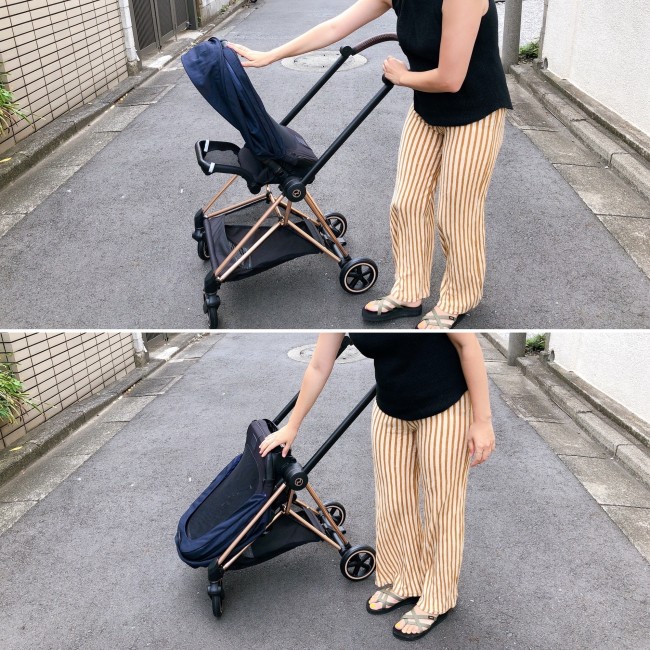 リクライニングバーを引っ張って、シートを倒して…