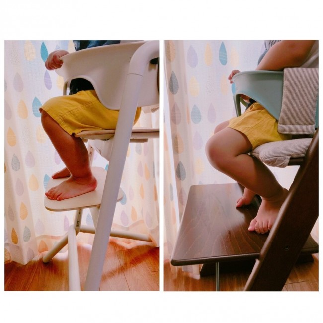 こちらが足置きの違い。広くて安定感のあるトリトラですが、息子はレモチェアの小さな足置きでもしっかり置いていました