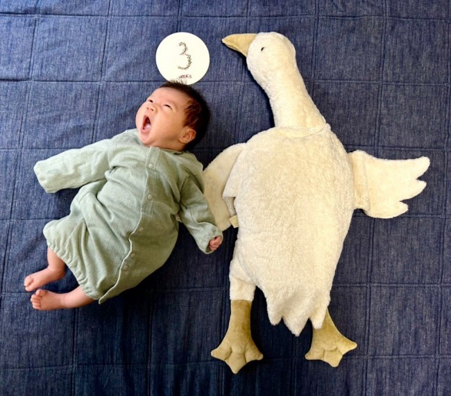 出産前に、赤ちゃんと撮ろうと思って準備しておいたぬいぐるみ。こちらは3weeks