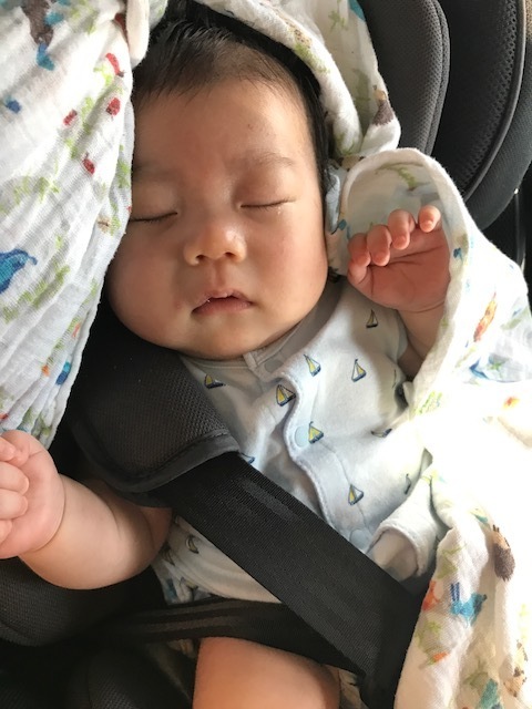 いつものおくるみをかけてあげると落ち着いてスヤスヤ